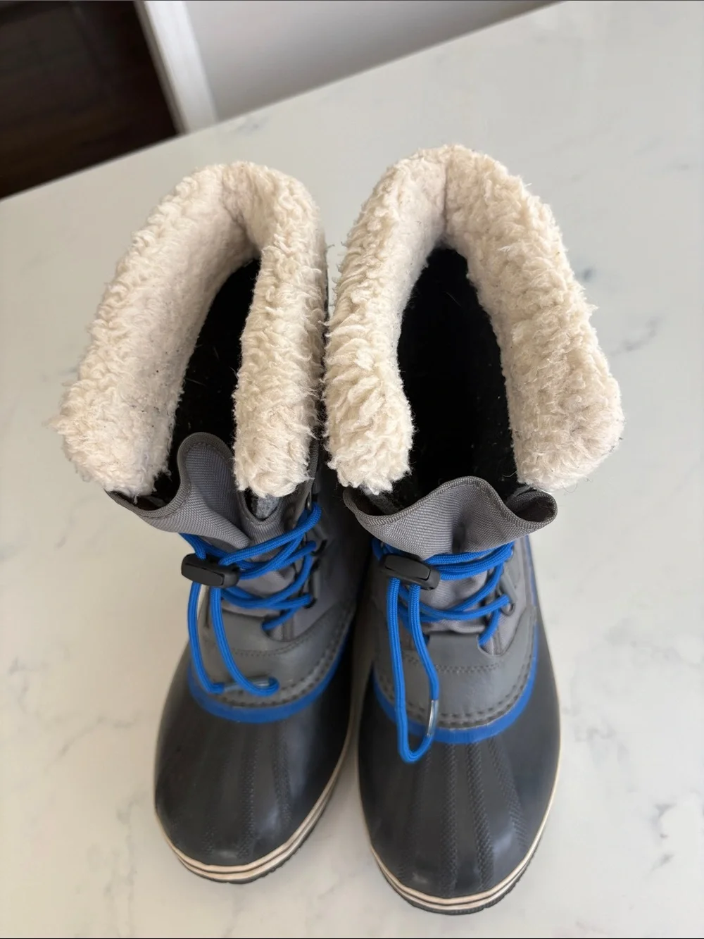 Sorel Kids Grey and Blue Waterproof Winter Boots with Cream Cuff